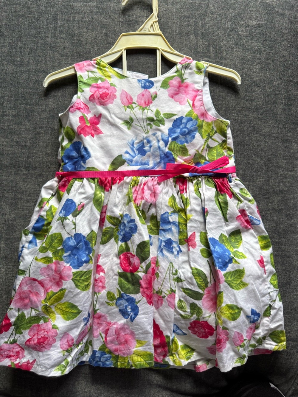 Carter's White Floral Sundress with Pink Ribbon and Blue Accents